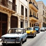 ** A busy street in Tunis, Tunisia, with a mix of European and Asian cars. Focus on a compact European car navigating through traffic. Depict the scene with a slightly vintage feel, showing older building architecture in the background.

**