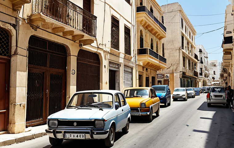 ** A busy street in Tunis, Tunisia, with a mix of European and Asian cars. Focus on a compact European car navigating through traffic. Depict the scene with a slightly vintage feel, showing older building architecture in the background.
**